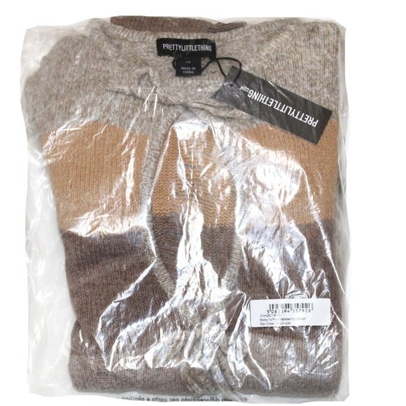 PrettyLittleThing XS Mocha Tie Front Distressed Knit Bardot Maxi Dress - Picture 6 of 6